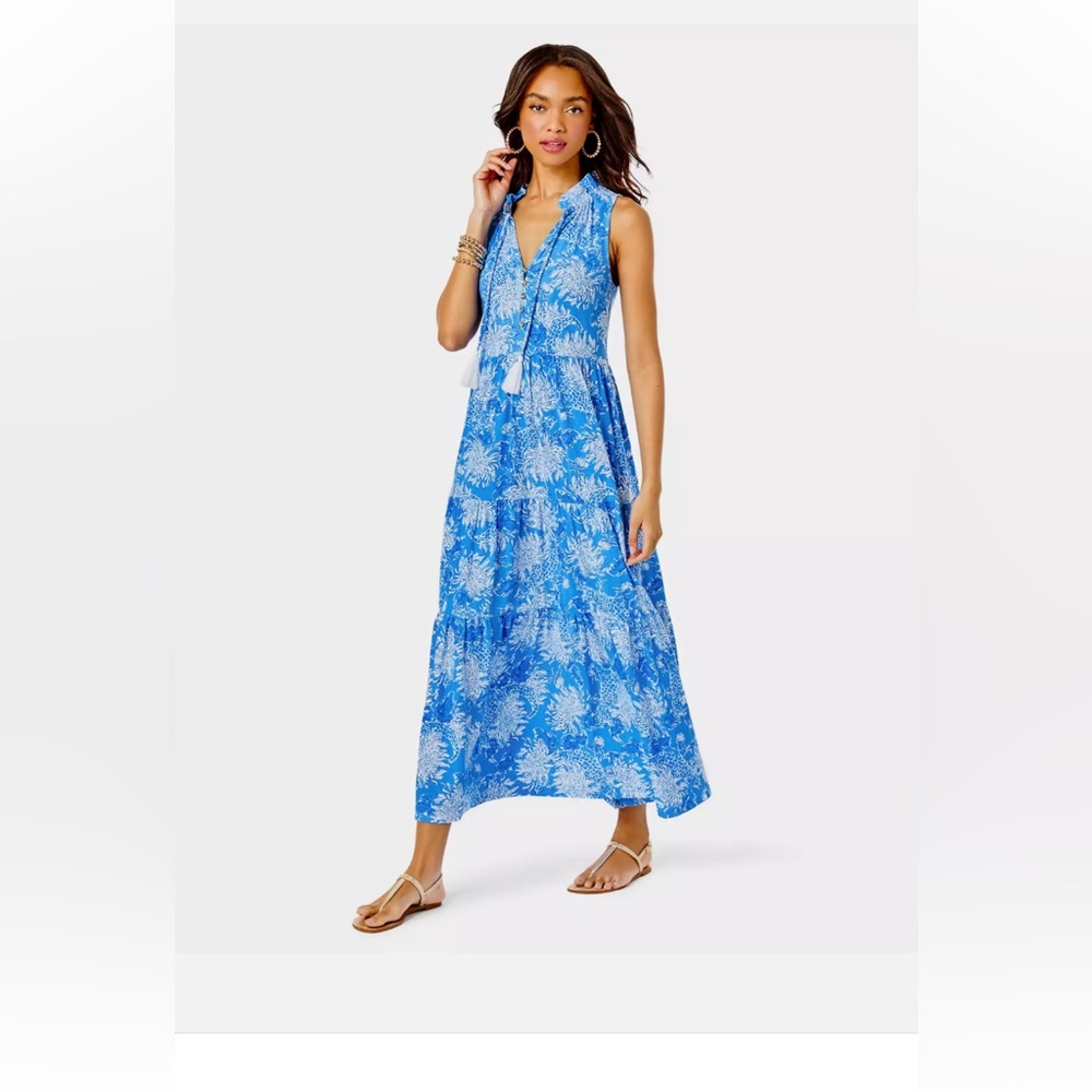 Lilly Pulitzer Malone Tiered Cotton Maxi Dress in Croc & Lock. Size Medium EUC